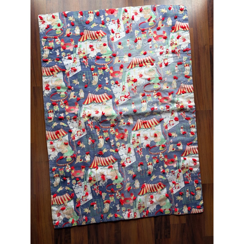 Vintage Handmade Circus Nursery Quilt Blue Red Elephant Big Top Tufted‎ Cotton